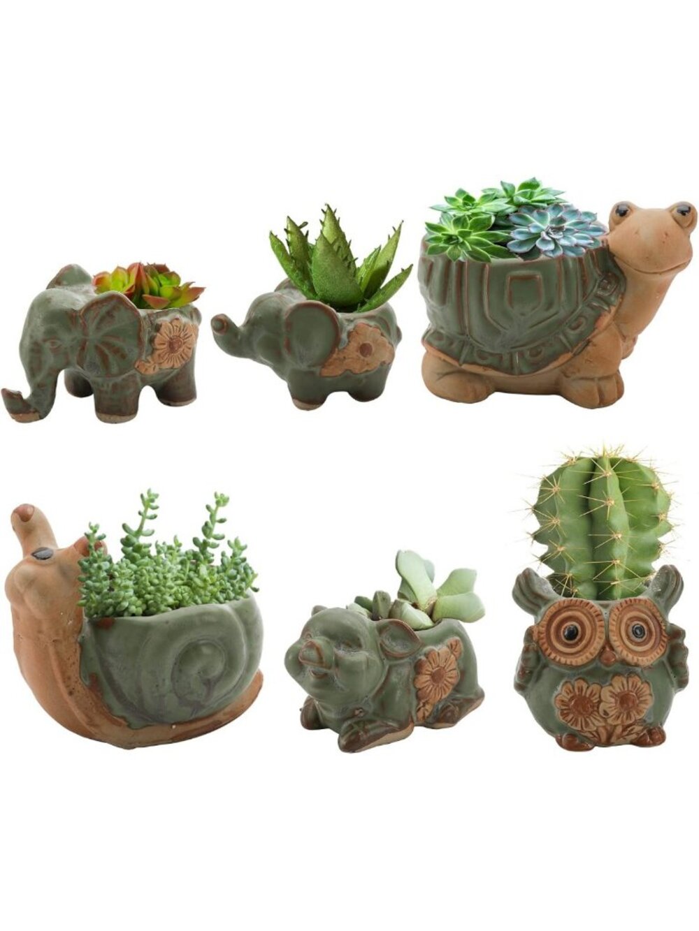 6 Pack Cute Mini Animal Succulent Planters - Elephant, Turtle, Owl, Snail Pots